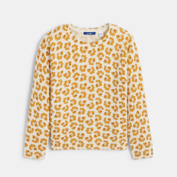 بلوفر منسوج برسمة جلد الفهد للفتيات باللون الأصفر